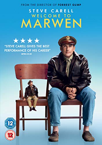 DVD cover for "Welcome to Marwen" featuring Steve Carell sitting on a chair.