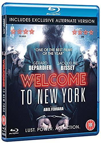Blu-ray cover for Welcome to New York showing a man in handcuffs before photographers.