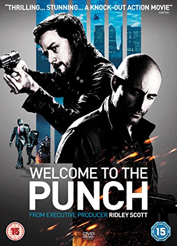 DVD cover for “Welcome to the Punch” featuring two men and city backdrop.