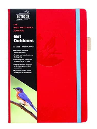 Red journal with blue band, featuring birds and outdoor scene.