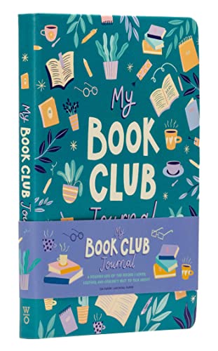 Teal book club journal with illustrated cover of books, plants, and mugs.