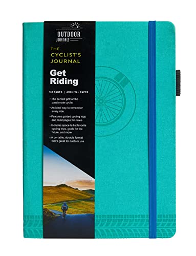 Teal cycling journal with a bicycle wheel graphic and blue ribbon bookmark.
