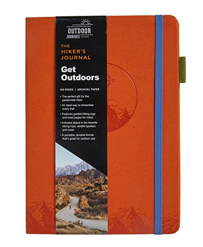 An orange hiking journal with a blue elastic band and a black informational bellyband.
