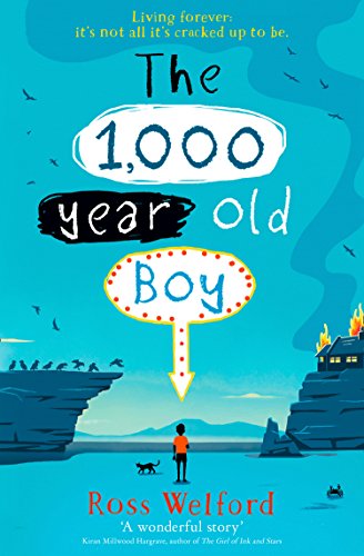 Book cover: a boy and dog stand on cliffs under a blue sky.