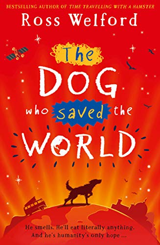Book cover: red background, a dog silhouette, and bold, colorful title text.