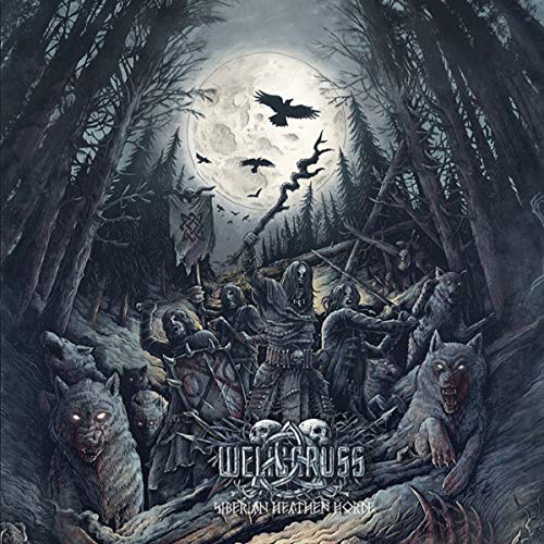 Dark fantasy album cover depicting warriors, wolves, and a moonlit forest.