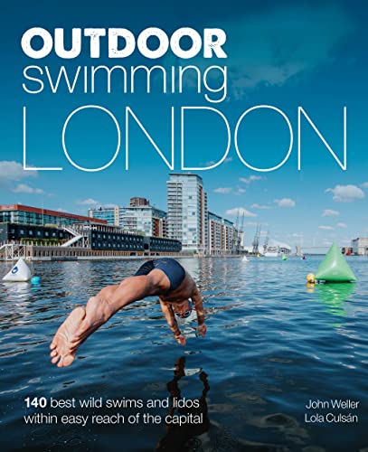 Book cover: swimmer in water with London skyline background.