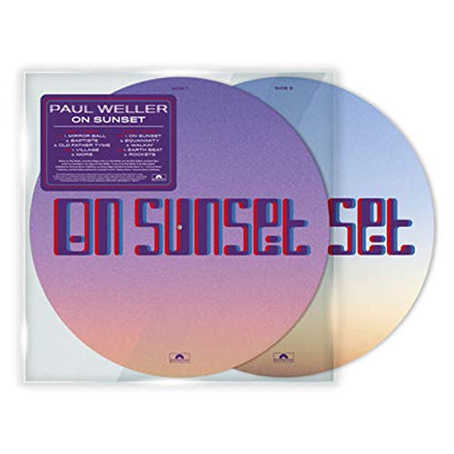 Two vinyl records with sunset-colored gradients and red album title text.