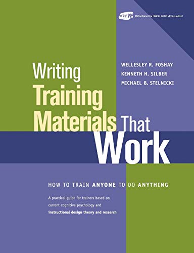 Book cover: "Writing Training Materials That Work" with green and blue blocks.