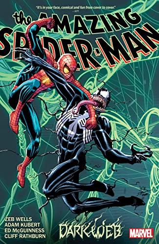 Hardcover comic book cover featuring Spider-Man fighting Venom in a dark web.