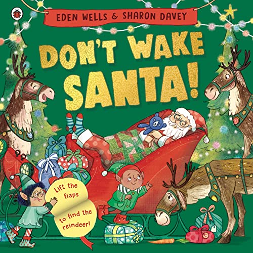 Children’s book cover depicting Santa sleeping in a red sleigh with reindeer.