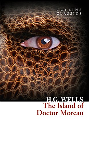 Book cover: reptile eye and textured skin, "The Island of Doctor Moreau.