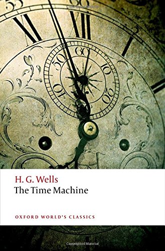 Book cover: "The Time Machine" by H.G. Wells with clock face.