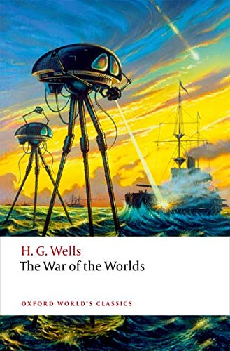 Book cover: Martian tripod attacking a ship at sea, H.G. Wells.
