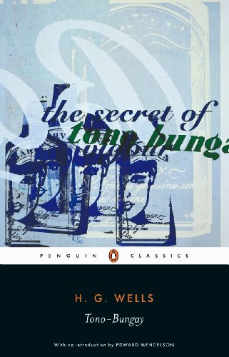 Book cover for Tono-Bungay by H.G. Wells featuring blue illustrations of glass medicine bottles.
