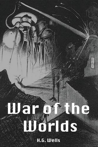 Black and white illustration of a Martian tripod attacking a town at night.