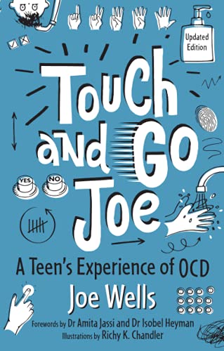 Book cover: "Touch and Go Joe" illustrating OCD themes with hand drawings.