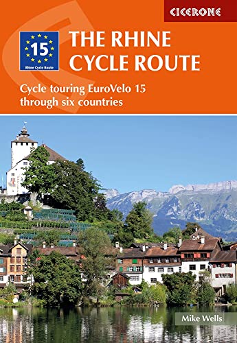Book cover: Rhine Cycle Route guide with a riverside town and mountains.