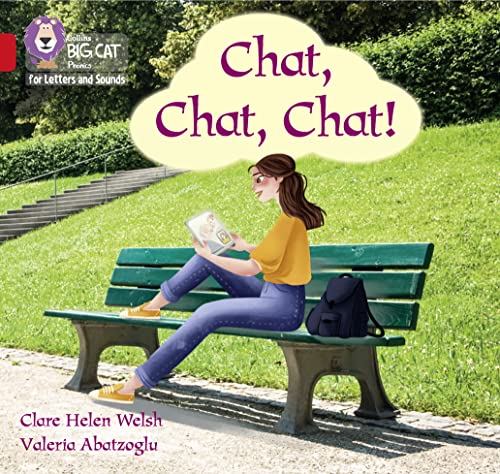 Girl reading a book on a park bench, green grassy background.