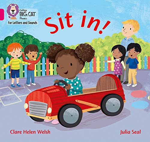 Girl driving a red toy car with children watching nearby.