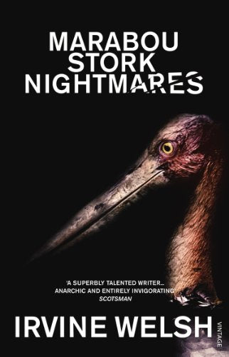 Book cover featuring a marabou stork head against a black background with white text.