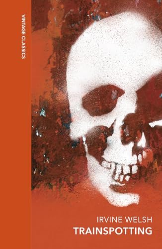 Book cover for Trainspotting by Irvine Welsh featuring a white skull on orange background.