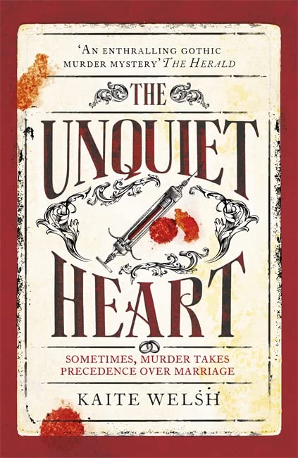 Book cover: "The Unquiet Heart" with syringe and heart imagery.