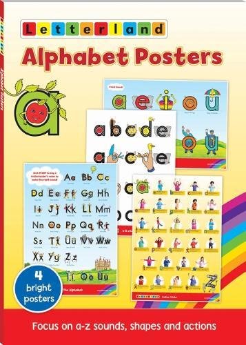 Four colorful alphabet posters with letters, pictures, and character illustrations.