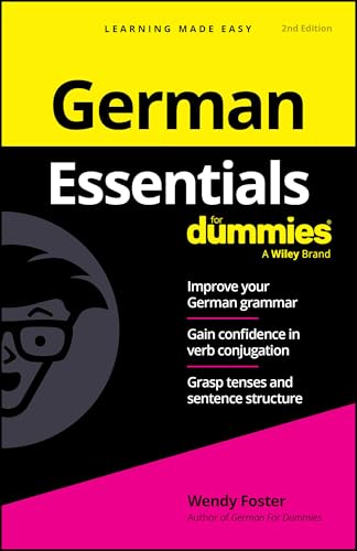 Book cover: "German Essentials For Dummies," 2nd edition, with a face silhouette.