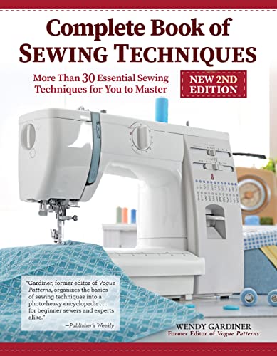 Book cover titled Complete Book of Sewing Techniques featuring a white sewing machine.