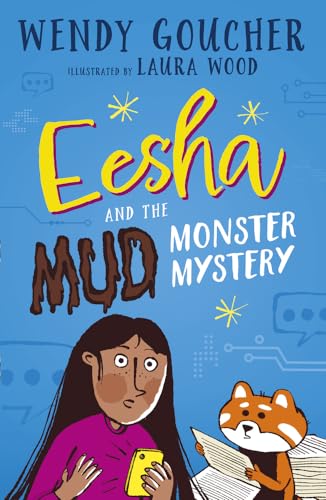 Book cover: girl with dog, colorful title “Eesha and the Mud Monster Mystery”.