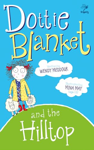 Book cover: girl with sheep on a green hill, colorful lettering.