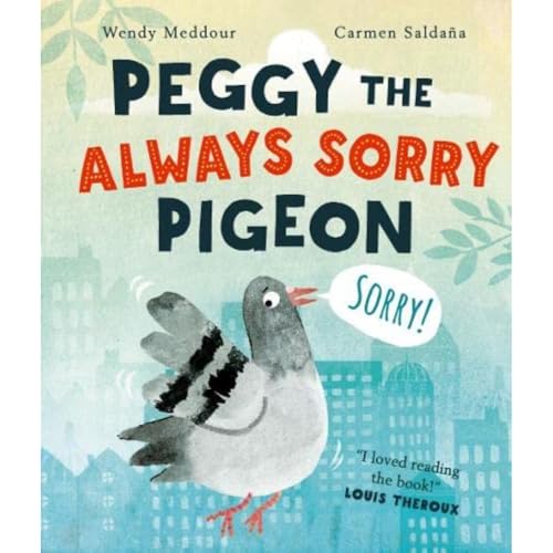 Book cover featuring a pigeon saying sorry against a blue city skyline background.