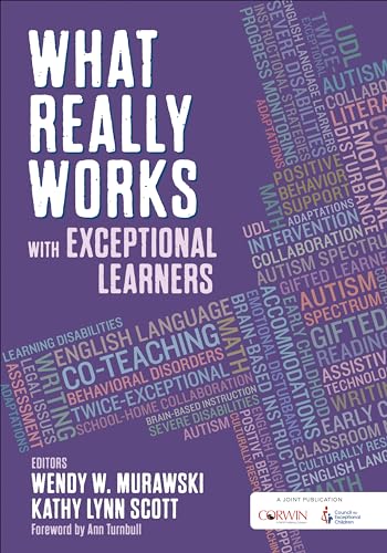 Book cover: "What Really Works With Exceptional Learners" with text collage.