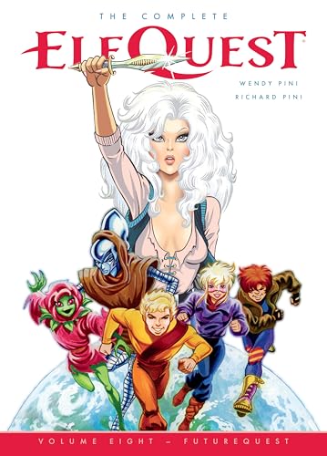 Cover art for ElfQuest Volume 8 featuring a group of fantasy characters above Earth.