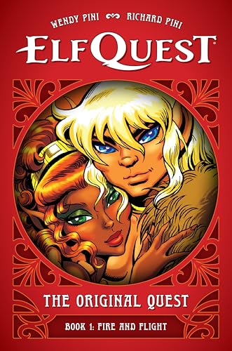 ElfQuest book cover: two elves with blonde and red hair in an oval frame.
