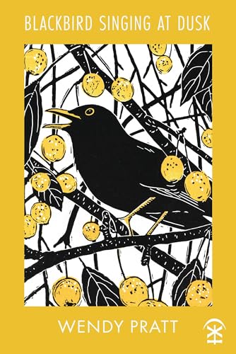 Blackbird perched on a branch amongst yellow fruit, linocut style.