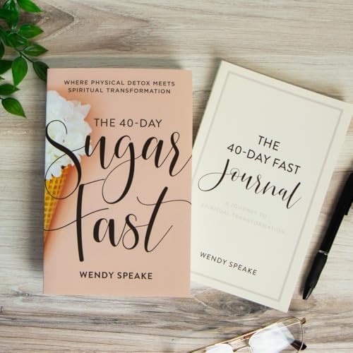 Book cover and journal titled "The 40-Day Sugar Fast" with glasses.