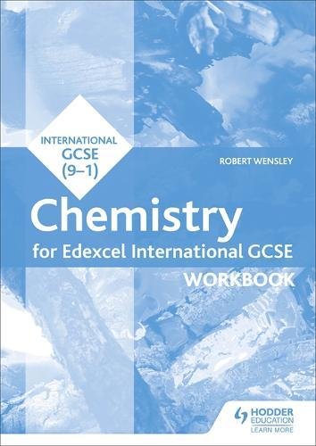 Blue “Edexcel International GCSE Chemistry Workbook” cover with white text.