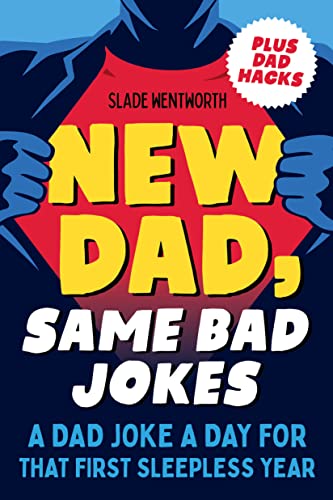 Book cover: "New Dad, Same Bad Jokes" with bold yellow and red text.