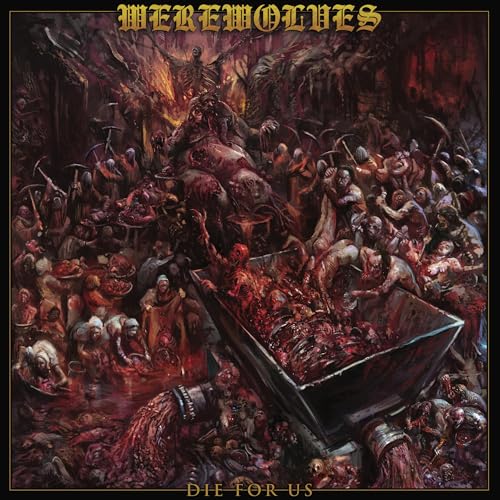 CD cover: chaotic, dark fantasy scene with werewolves and gore.