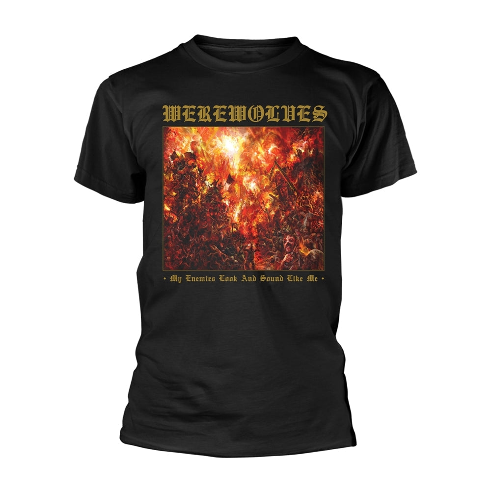 Black t-shirt with a chaotic, fiery werewolf battle scene graphic.