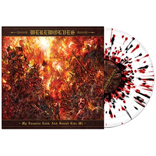 Vinyl record with fiery, chaotic album art depicting a crowd and a church.