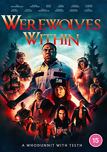 DVD cover art for Werewolves Within featuring an ensemble cast against a moonlit forest.