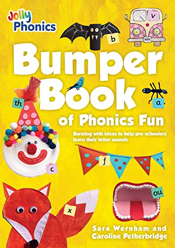 Yellow cover of Bumper Book of Phonics Fun featuring various crafts and letter labels.