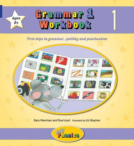 “Grammar 1” workbook cover with colorful illustrations and a cartoon mouse.