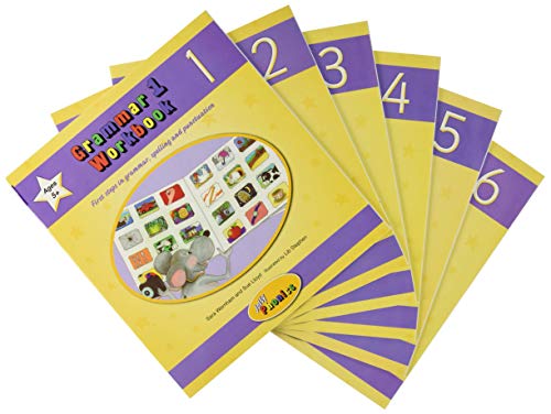 Six yellow and purple Grammar 1 workbooks numbered one through six fanned out.