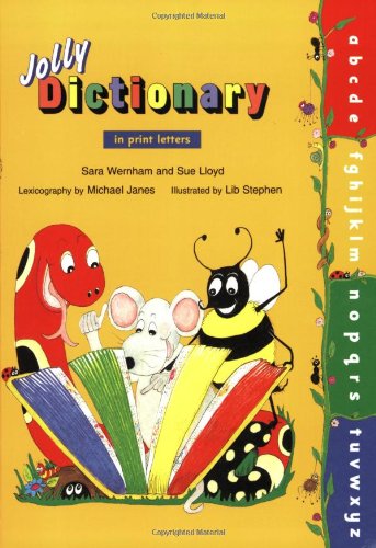 Cover of "Jolly Dictionary" with cartoon animals and alphabet on side.