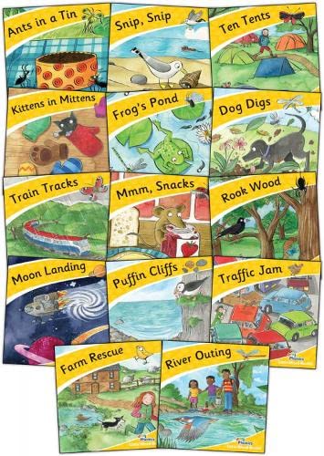 Fourteen Jolly Phonics Little Word Books featuring illustrated covers with titles and colorful scenes.