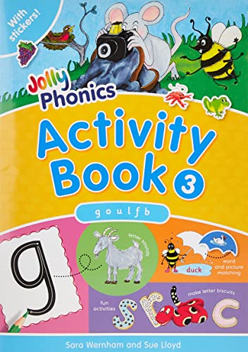 Jolly Phonics Activity Book 3 cover featuring a mouse, bee, and letter g.
